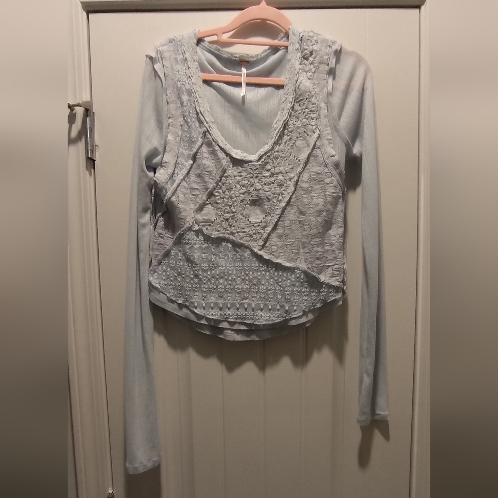 Free People Pale Blue Crochet-Layer Long Sleeve Top